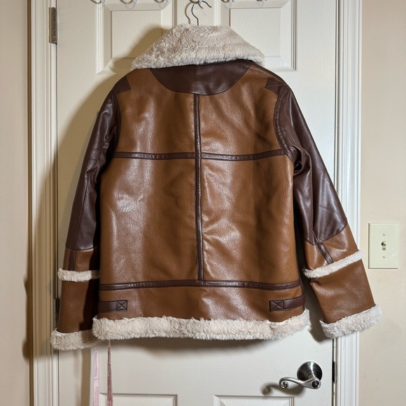 Choosy Amelia Shearling Jacket Aviator Vegan Faux Leather with Cream Accents XL - Picture 11 of 16